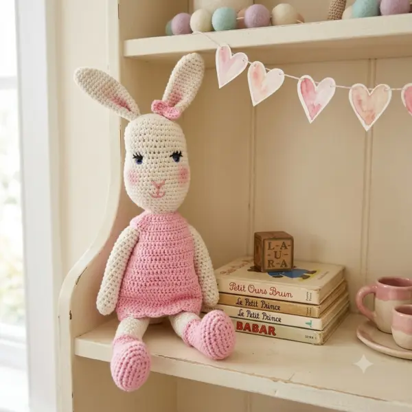 Adorable peluche lapine rose, crochetée à la main.