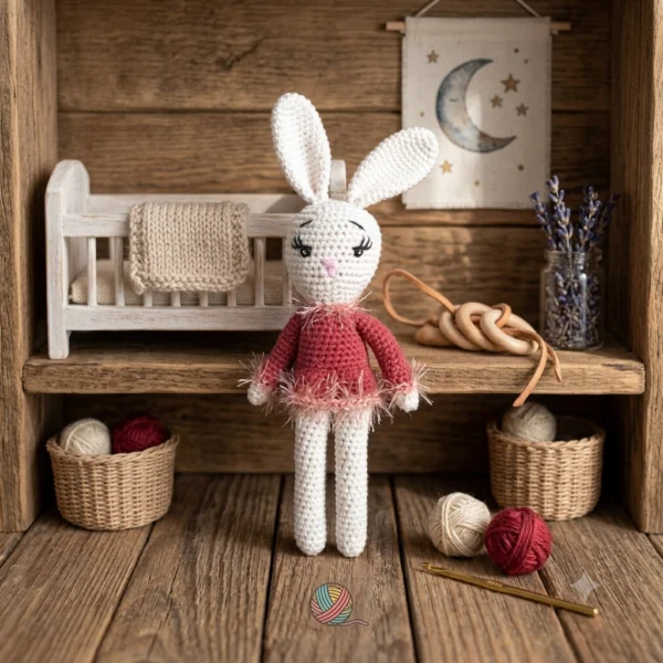 Adorable lapine en crochet avec une mini jupe rose brique.