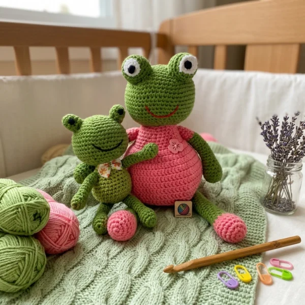 Adorable duo de peluches : Maman Grenouille et son Bébé Grenouille.