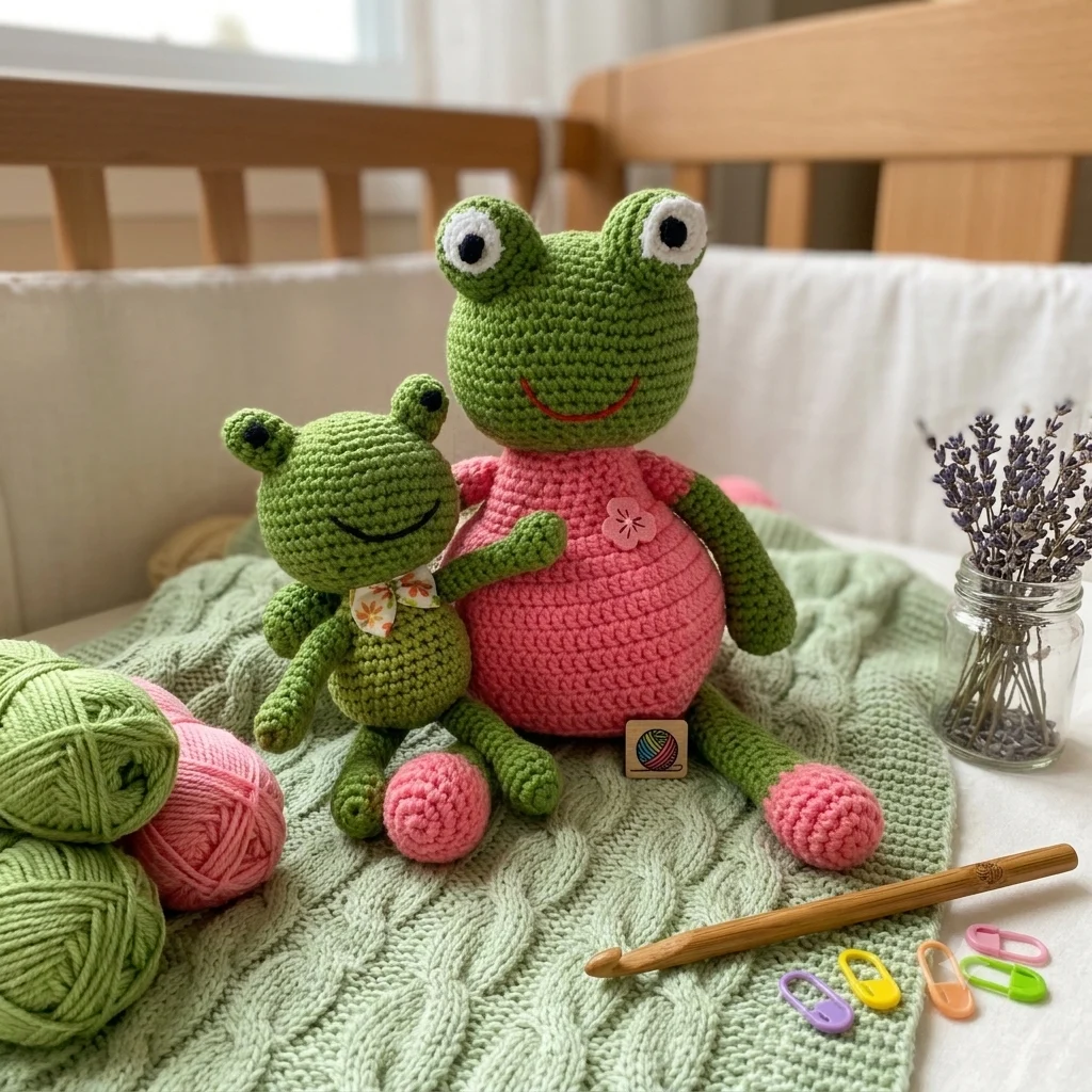 Adorable duo de peluches : Maman Grenouille et son Bébé Grenouille.