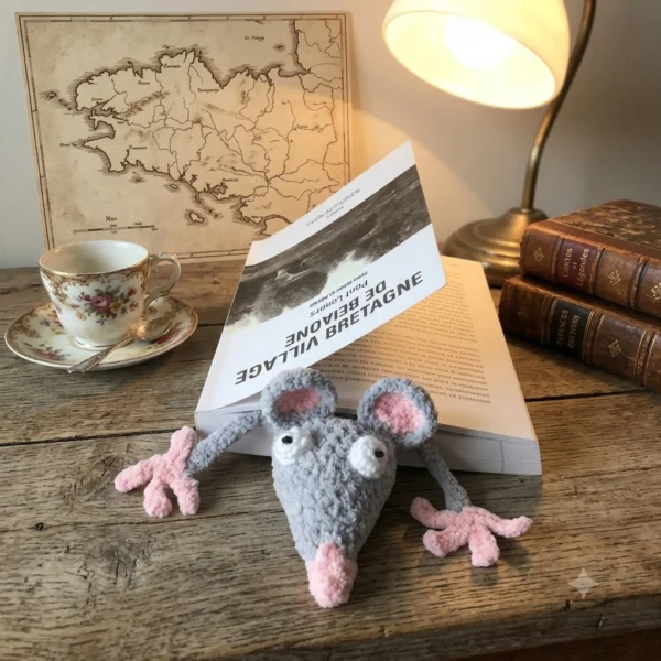 Marque-page en forme de rat gris, crocheté à la main.
