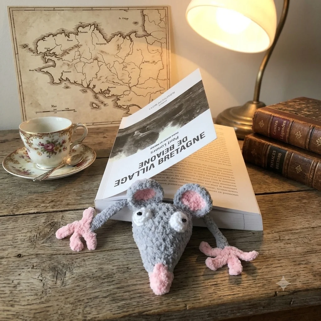 Marque-page en forme de rat gris, crocheté à la main.