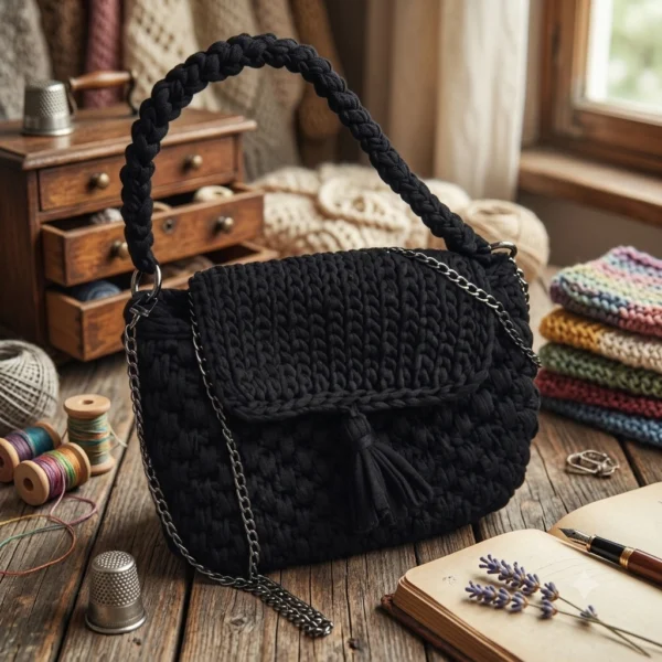 Sac à main noir rectangulaire avec chaîne argentée.