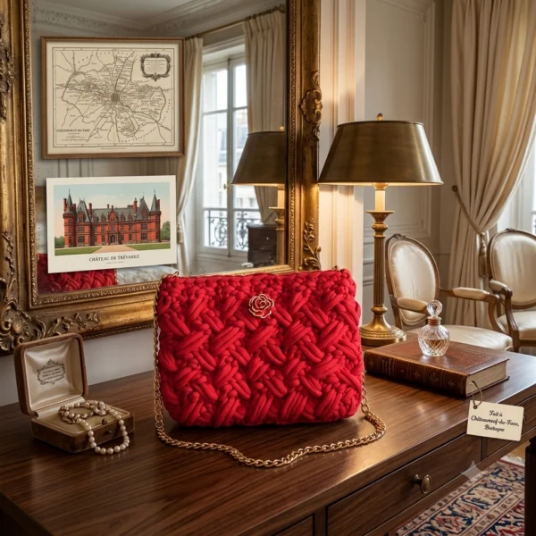 Sac à main rouge rectangulaire avec broche rose et chaîne dorée.