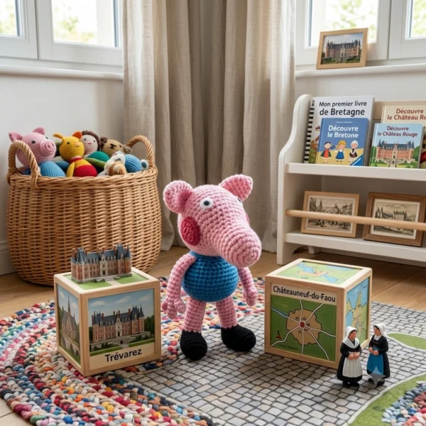 Adorable peluche de Georges Pig, le petit frère de Peppa Pig.