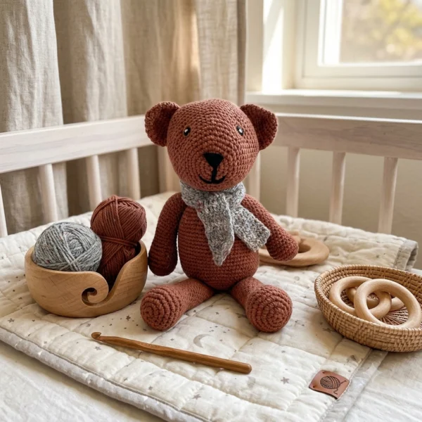 Adorable ours en crochet avec une écharpe grise.