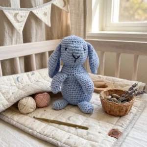 Adorable peluche de lapin bleu, crochetée à la main.