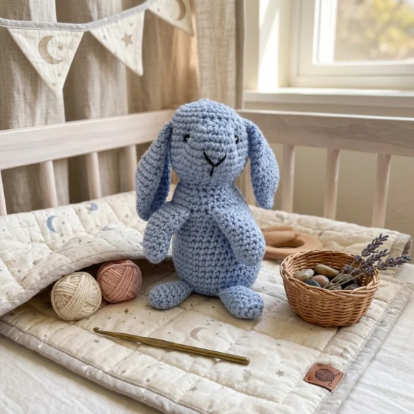 Adorable peluche de lapin bleu, crochetée à la main.