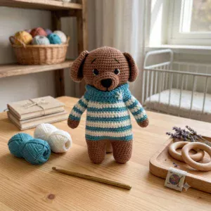 Adorable petit chien en crochet avec une marinière rayée.