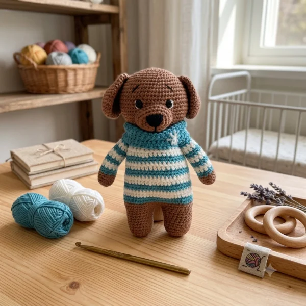 Adorable petit chien en crochet avec une marinière rayée.