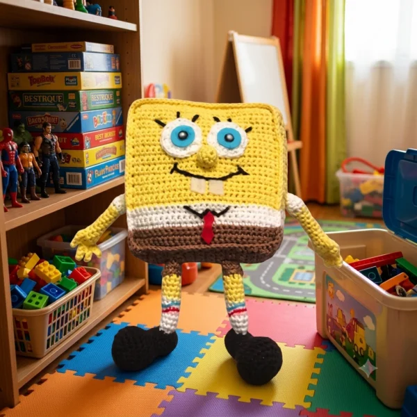 Adorable peluche de Bob l'Éponge, crochetée à la main.