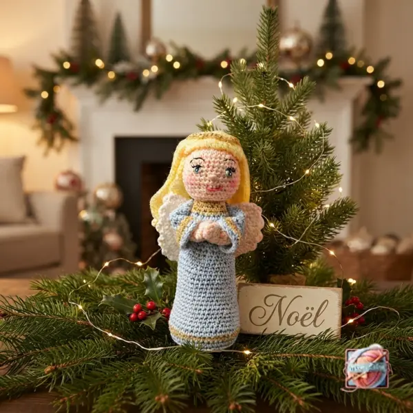 Ange de l Annonciation au crochet en robe bleue, fait main - MamyLaine