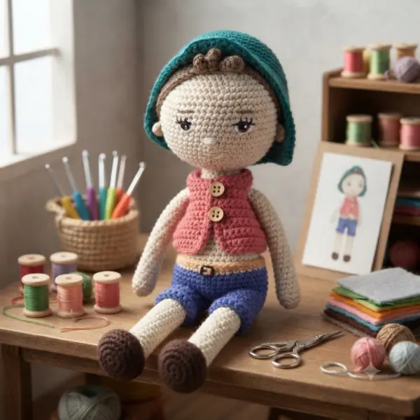 Poupée garçonnet Ronan au crochet, casquette verte et gilet rouge, fait main - MamyLaine