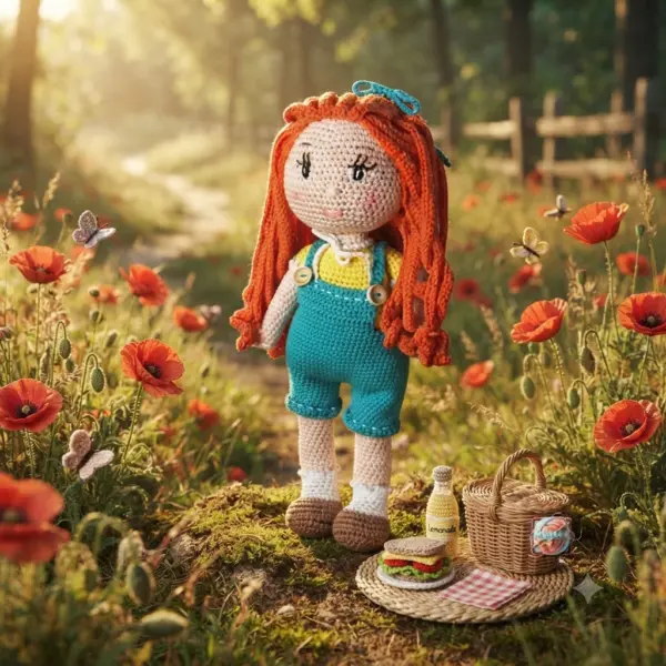 Poupée rousse Fifi au crochet en salopette bleue, fait main - MamyLaine