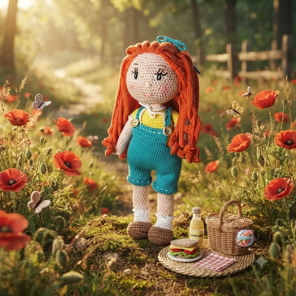 Poupée rousse Fifi au crochet en salopette bleue, fait main - MamyLaine