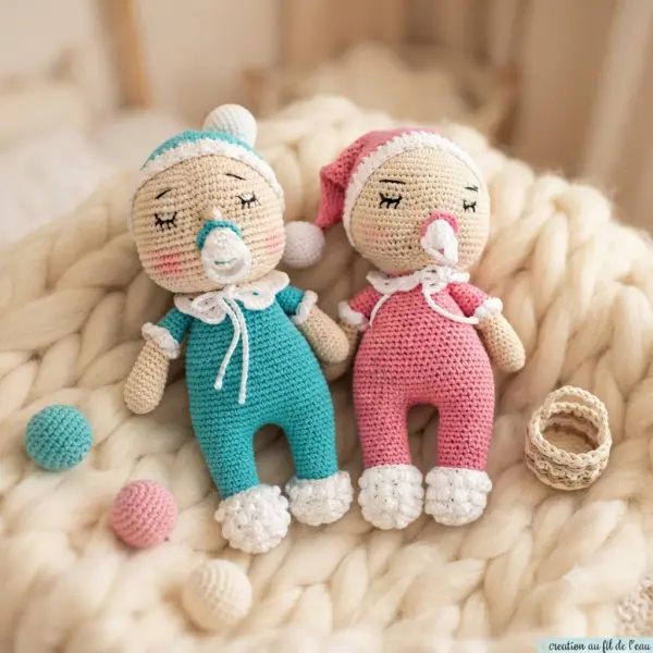 Poupée bébé endormi avec tétine au crochet, fait main - MamyLaine
