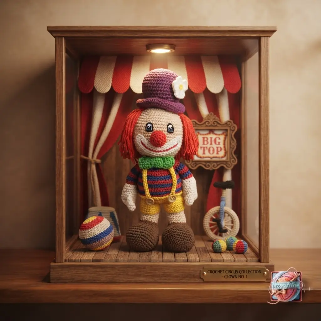 Peluche clown Lulu au crochet, chapeau violet, fait main - MamyLaine