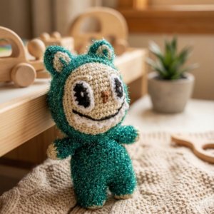 Peluche crochet style Labubu vert scintillant fait main Bretagne