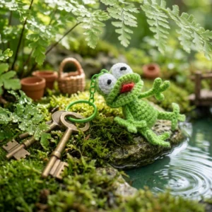 Porte-clés grenouille rigolote en laine verte et blanche