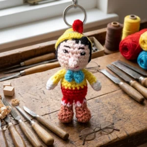 Porte-clés Pinocchio au crochet jaune et rouge