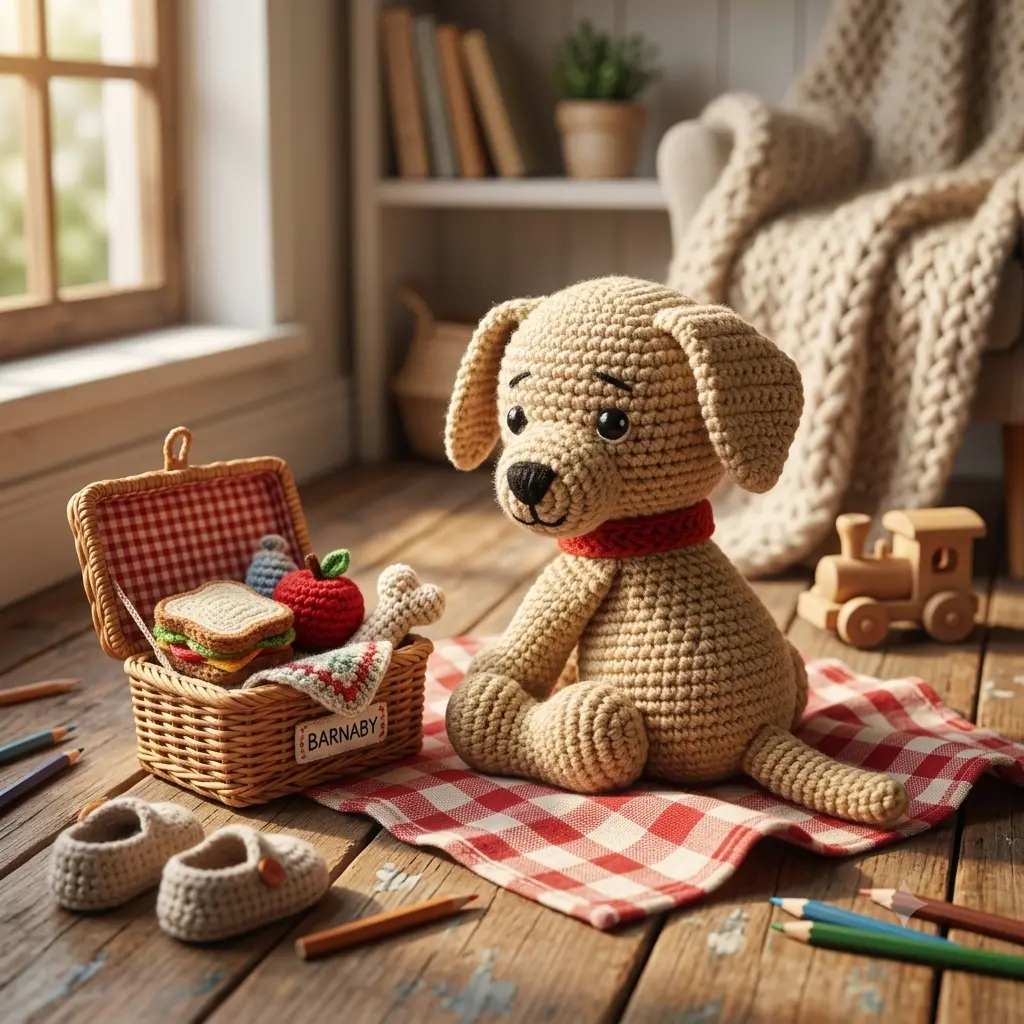 Doudou chiot labrador Rocky au crochet avec collier rouge, fait main - MamyLaine