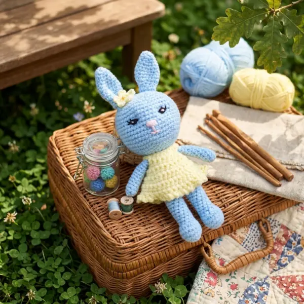 Peluche lapine bleue en robe jaune au crochet, fait main - MamyLaine