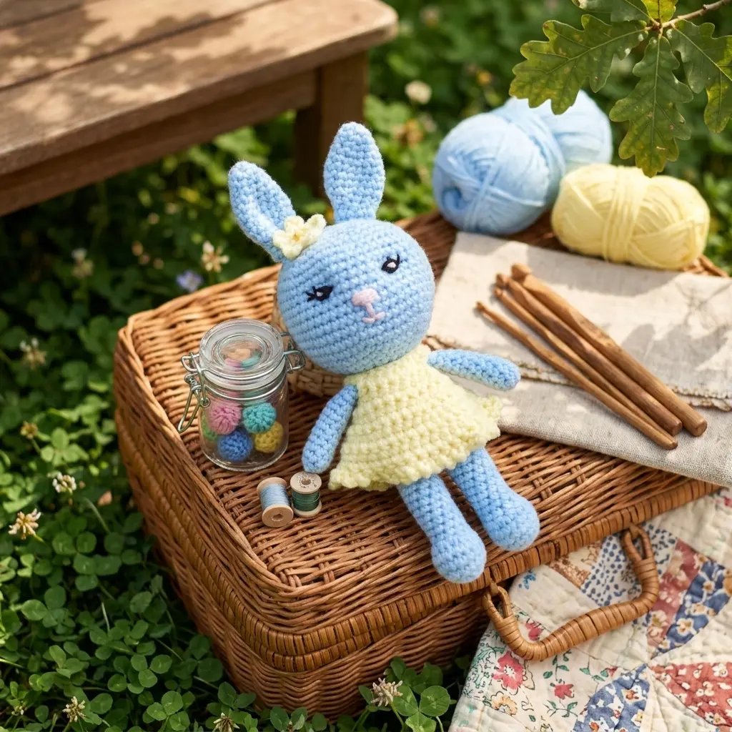 Peluche lapine bleue en robe jaune au crochet, fait main - MamyLaine