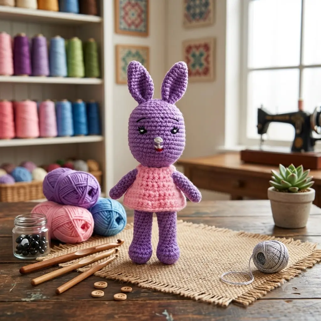 Peluche lapin mauve en robe rose au crochet, fait main - MamyLaine