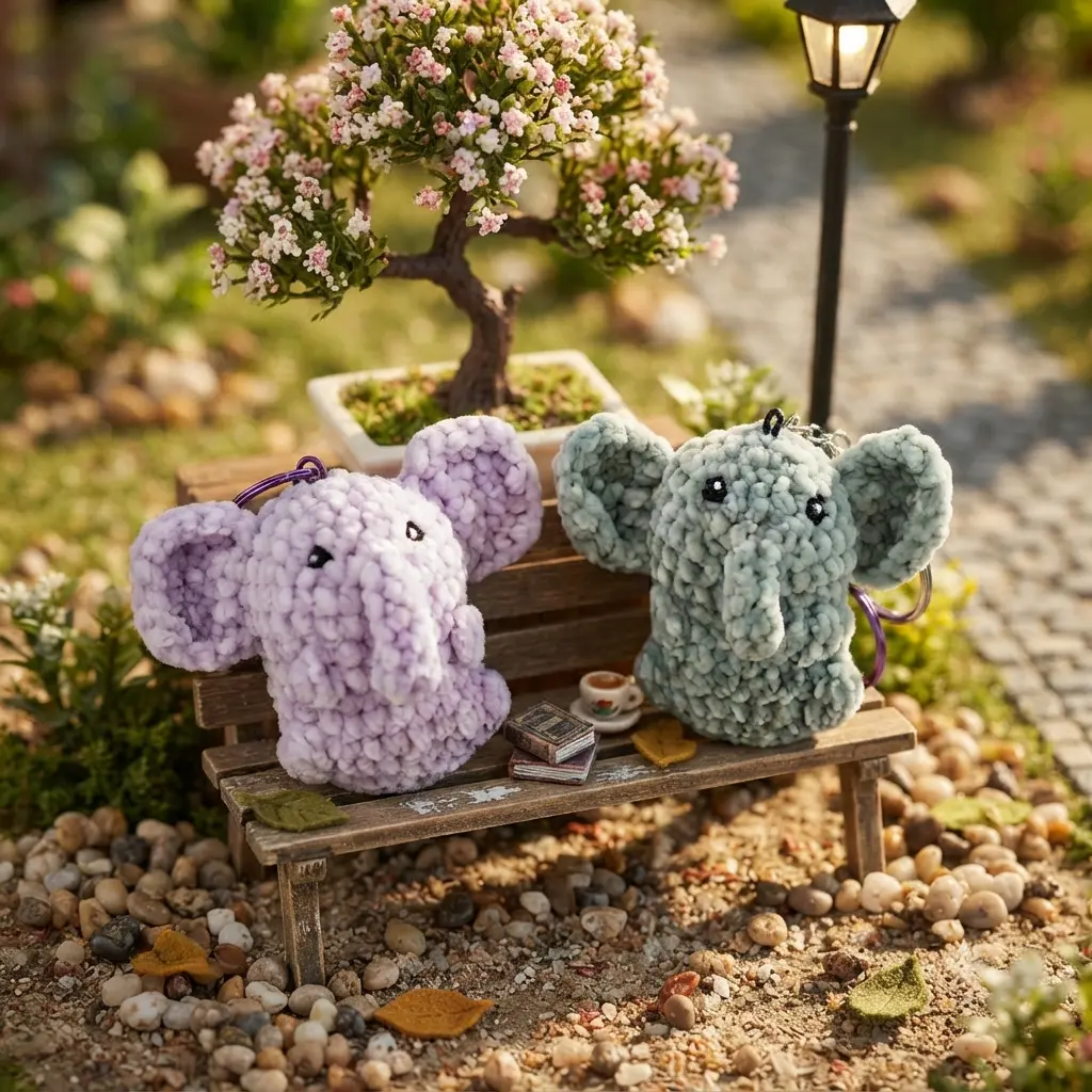 deux mini éléphants porte-clés au crochet, parme et vert d'eau