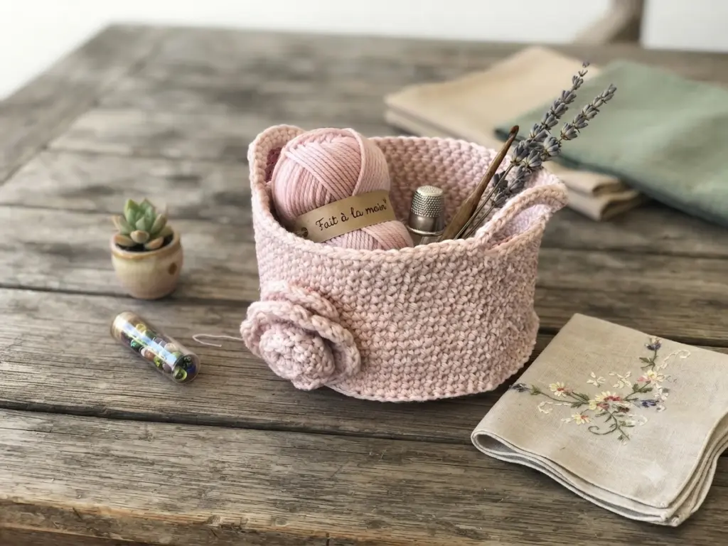 petit panier rose irisé au crochet avec fleur en relief