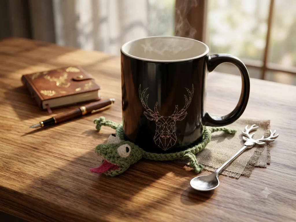 Dessous de tasse en crochet en forme de lézard vert avec une langue rose