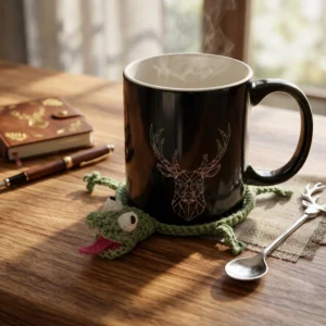 Dessous de tasse en crochet en forme de lézard vert avec une langue rose