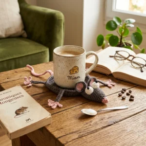Dessous de tasse souris grise au crochet, fait main - MamyLaine