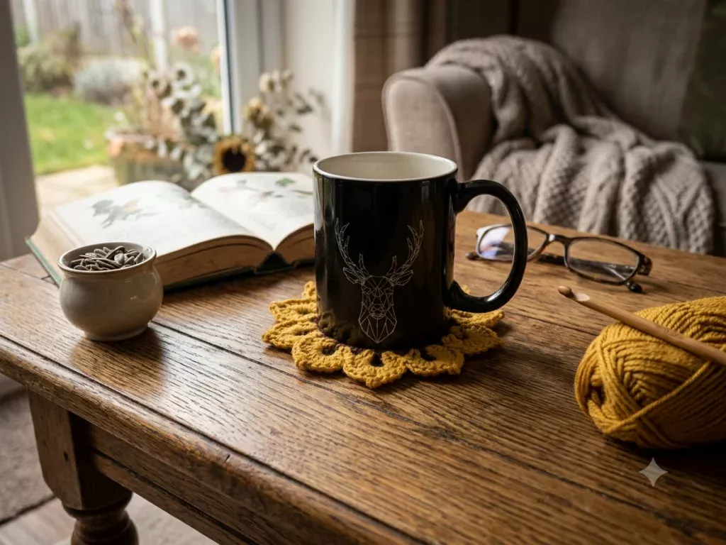 Sous-tasse en forme de tournesol jaune et marron au crochet