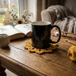 Sous-tasse en forme de tournesol jaune et marron au crochet