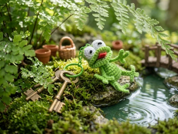 Porte-clés grenouille rigolote en laine verte et blanche