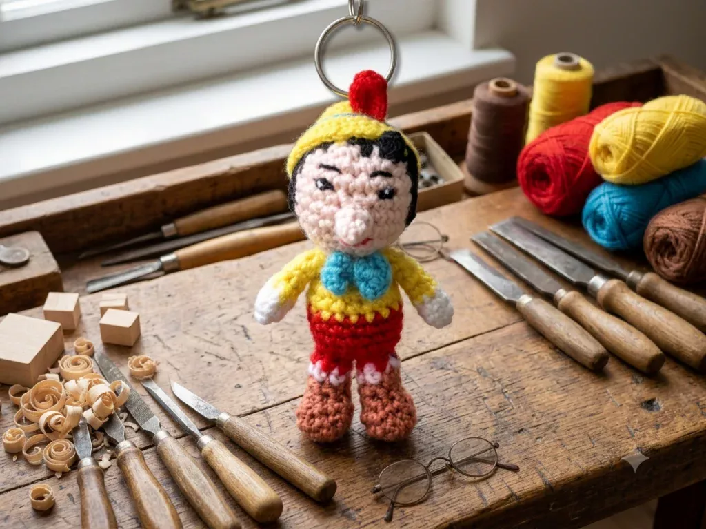 Porte-clés Pinocchio au crochet jaune et rouge