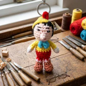 Porte-clés Pinocchio au crochet jaune et rouge