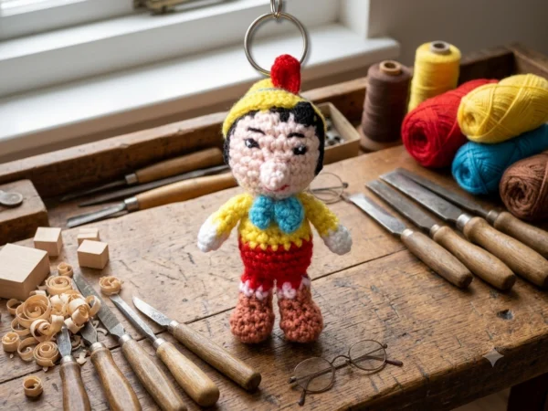 Porte-clés Pinocchio au crochet jaune et rouge