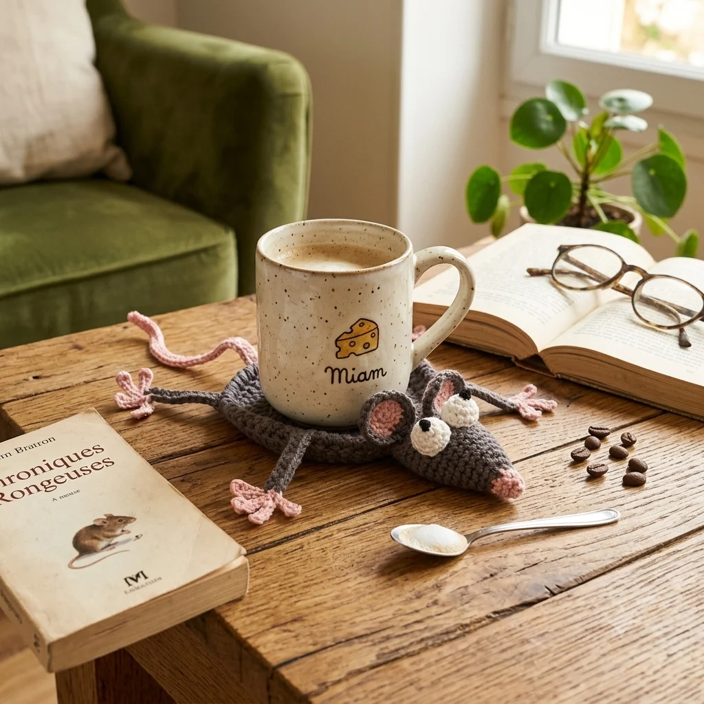 Dessous de tasse souris grise au crochet, fait main - MamyLaine