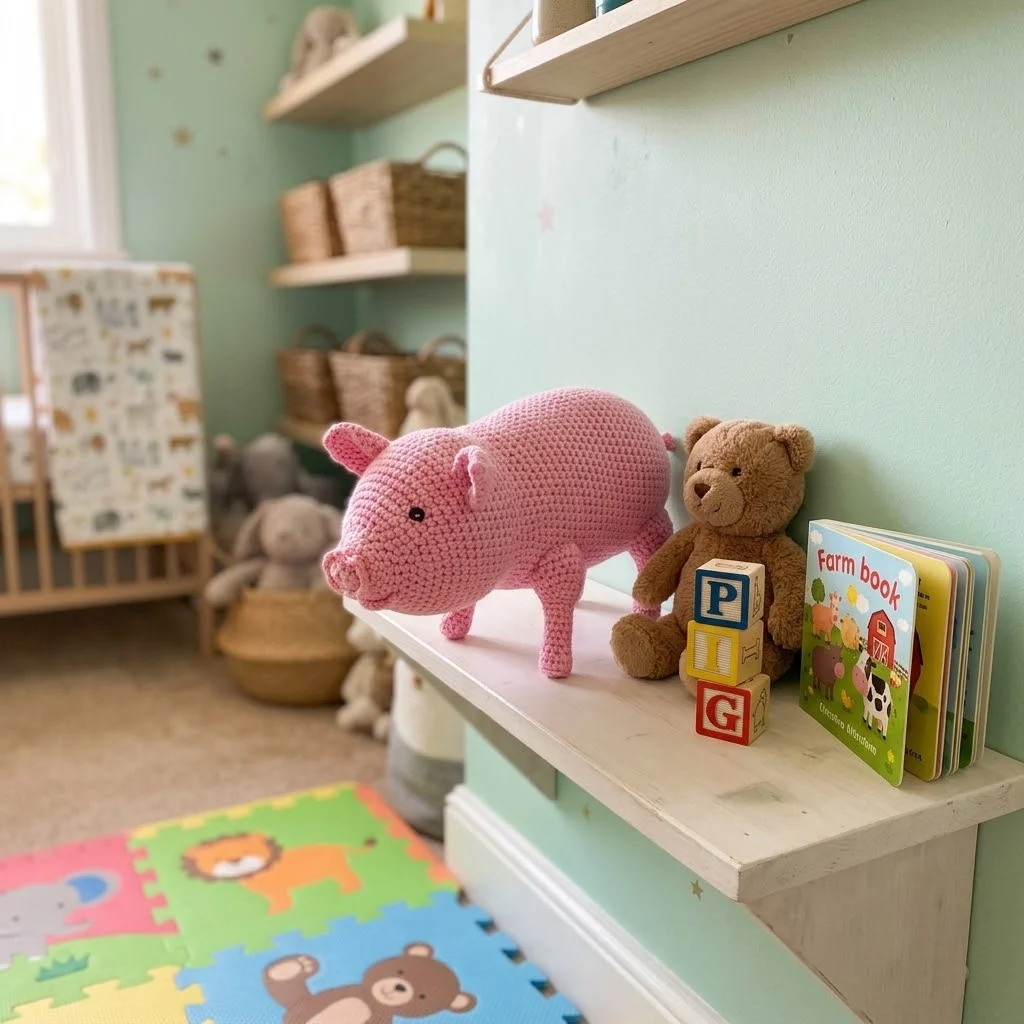 Cochon rose au crochet, en situation