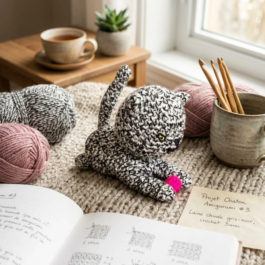 Chaton tigré au crochet, en situation, autre angle