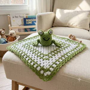 Doudou grenouille au crochet, en situation, autre angle