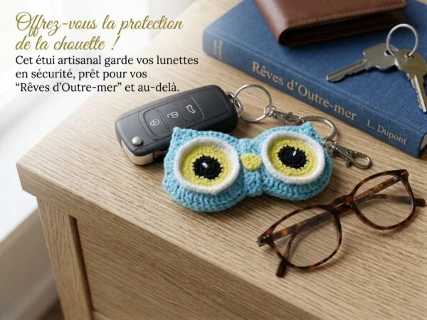 Porte-lunettes hibou au crochet, en situation, autre angle