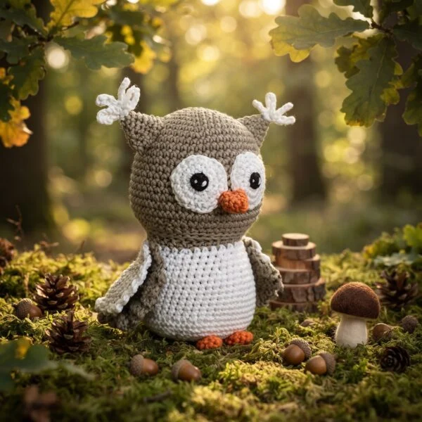 Adorable hibou au crochet, en situation